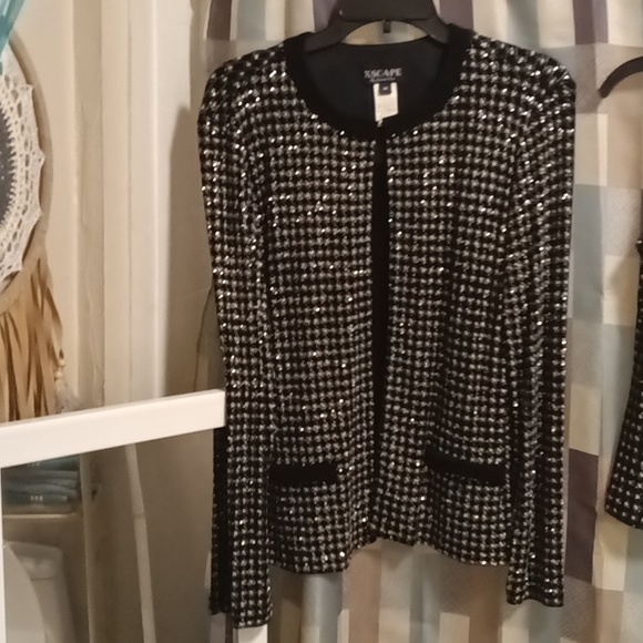 FINAL PRICE NWOT XSCAPE black/white silver 2-pc pattern designed jacket set - Picture 4 of 13